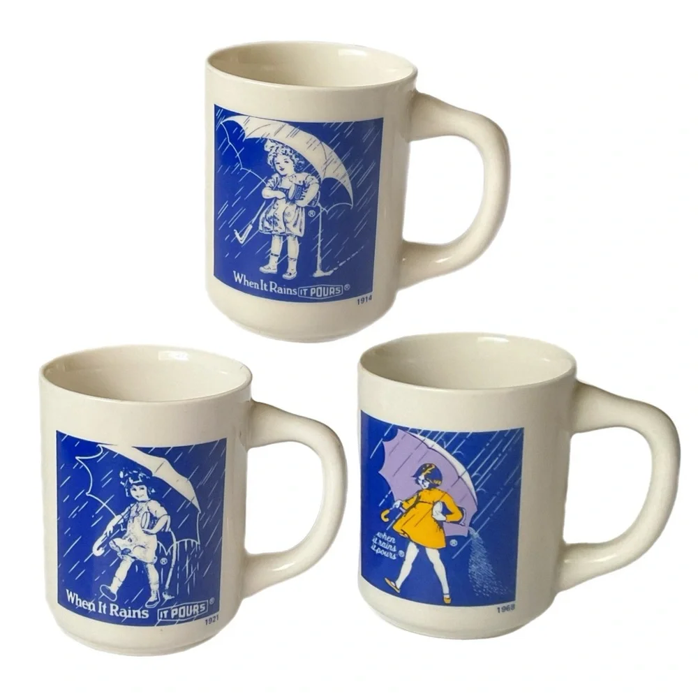 “When It Rains It Pours” White Blue Yellow Coffee Mug Set 1914 1921 1968